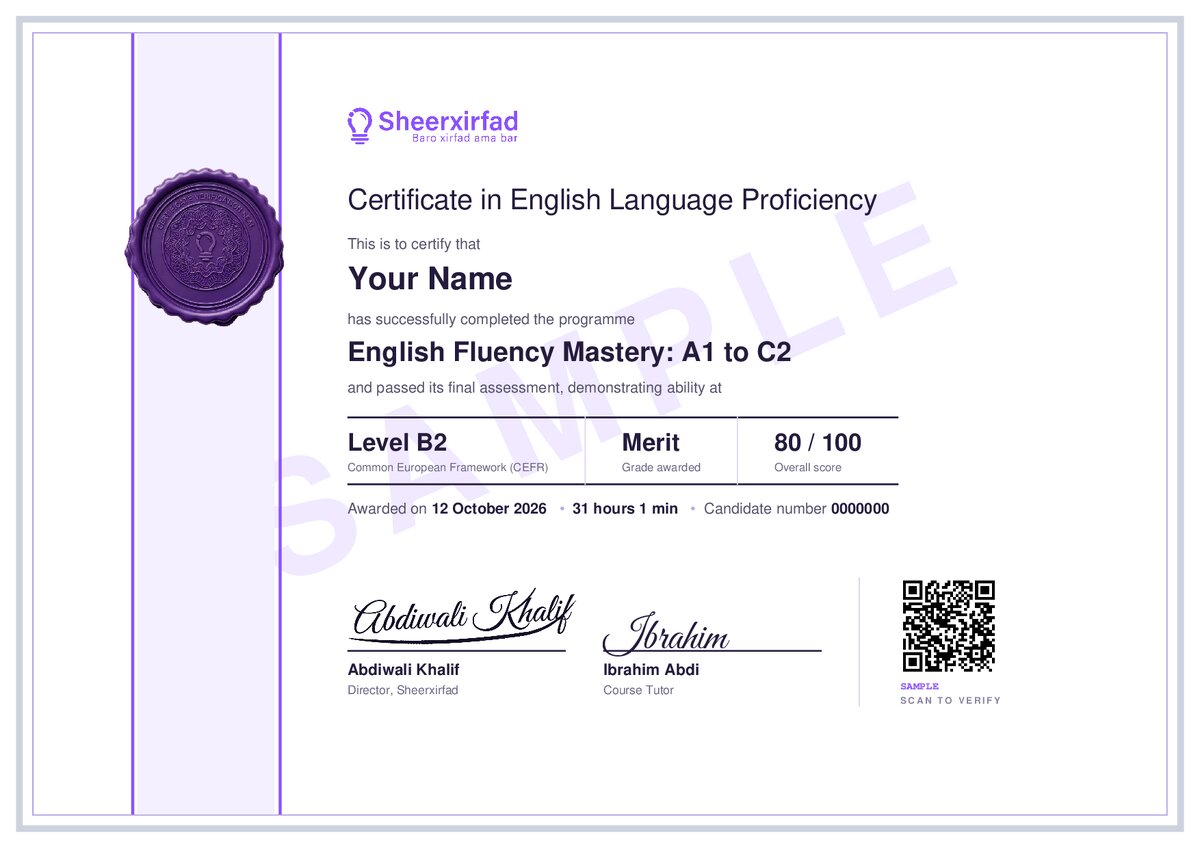 Sample of the certificate awarded on this course